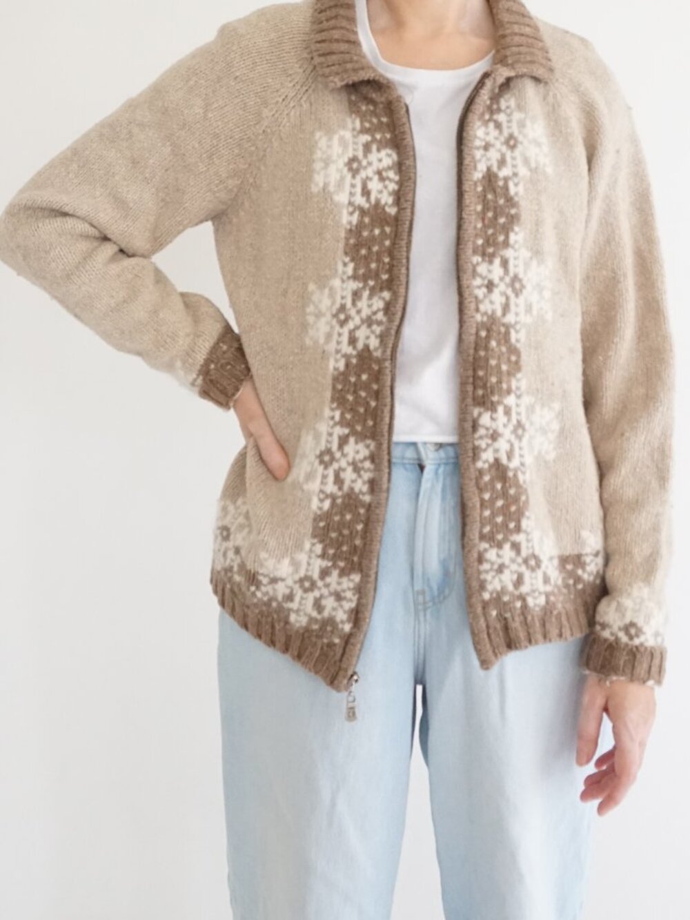 Vintage Crossroads Beige Nordic Snowflake Zip Wool Blend Cottagecore Cardigan L